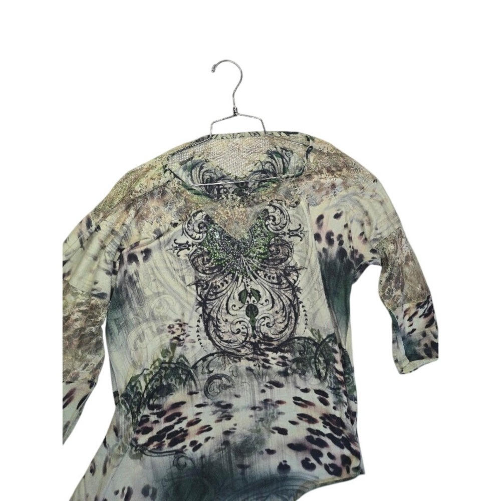 y2k Gothic Baroque Rhinestone Leopard Print Lace Mesh V-Neck Blouse‎ 18/20W